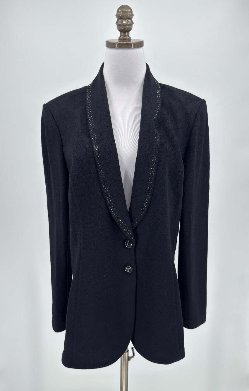 St. John Evening Black Santana Knit Shawl Collar Rhinestone Blazer Jacket Sz 12